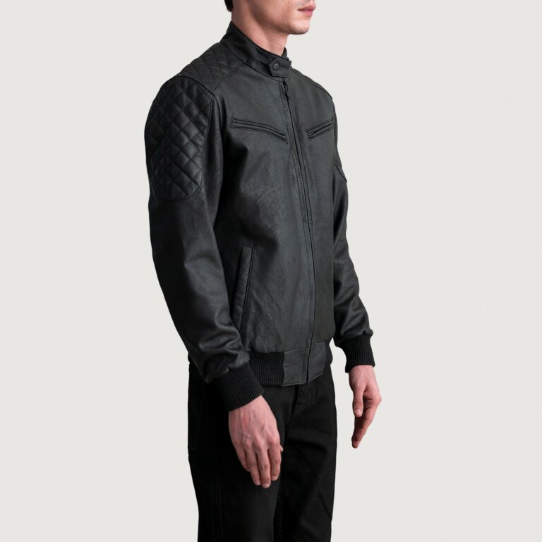 Mens Sven Tumbled Black Leather Bomber Jacket Side Pose-3-1724139616316